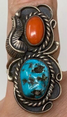 One Of Best Chunky Dunky Vintage Native American Navajo Coral Sterling Silver Ring Old One Of Best Chunky Dunky Vintage Native American Navajo Coral Sterling Silver Ring Old