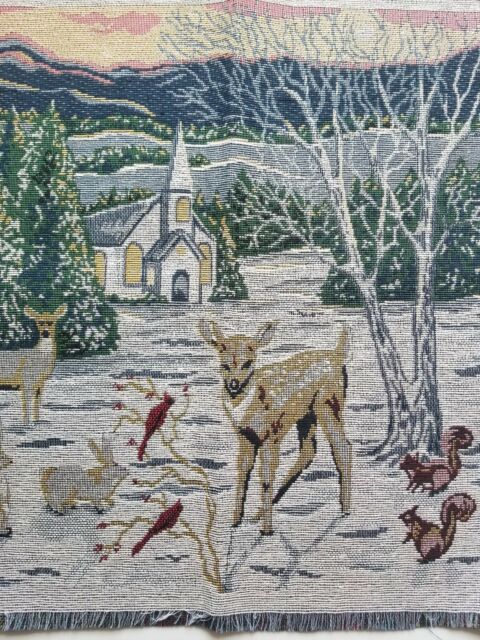 Christmas fabric tapestry pillow cover block Wildlife deer tree church vtg 19" Christmas fabric tapestry pillow cover block Wildlife deer tree church vtg 19"