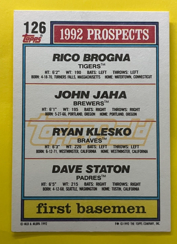 1992 TOPPS GOLD #126 1ST BASE PROSPECTS - BROGNA, JAHA, KLESKO & STATON 013124 - Picture 2 of 2