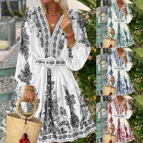 Boho Women V Neck A-Line Long Sleeve Midi Loose Dress Summer Holiday Beach Dress - Picture 2 of 27