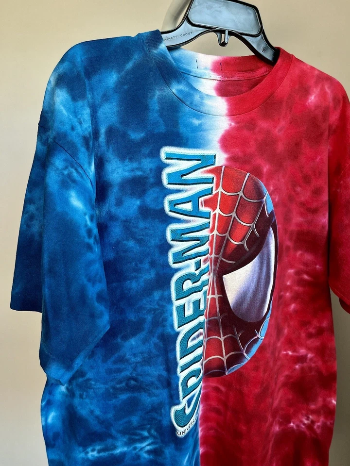 Camisa masculina vintage Spiderman XL azul vermelha branca Universal Studios tie dye Y2K SS LER - Imagem 4 de 4