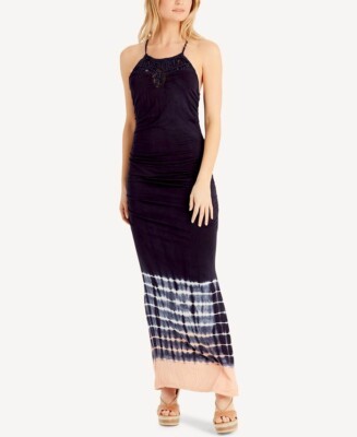 Jessica Simpson Halter Maxi Dress Tie-Dye Crochet Details, Side Hem Slit,  Black | eBay