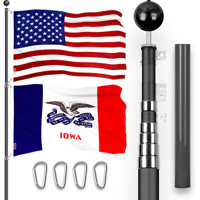 25 Ft Telescoping Flagpole Black & American and Iowa Deluxe Flags Emb 300D 3x5Ft