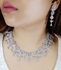 Bollywood indian Silver Plated Ethnic AD CZ Jewelry Earrings Necklace Bridal Set