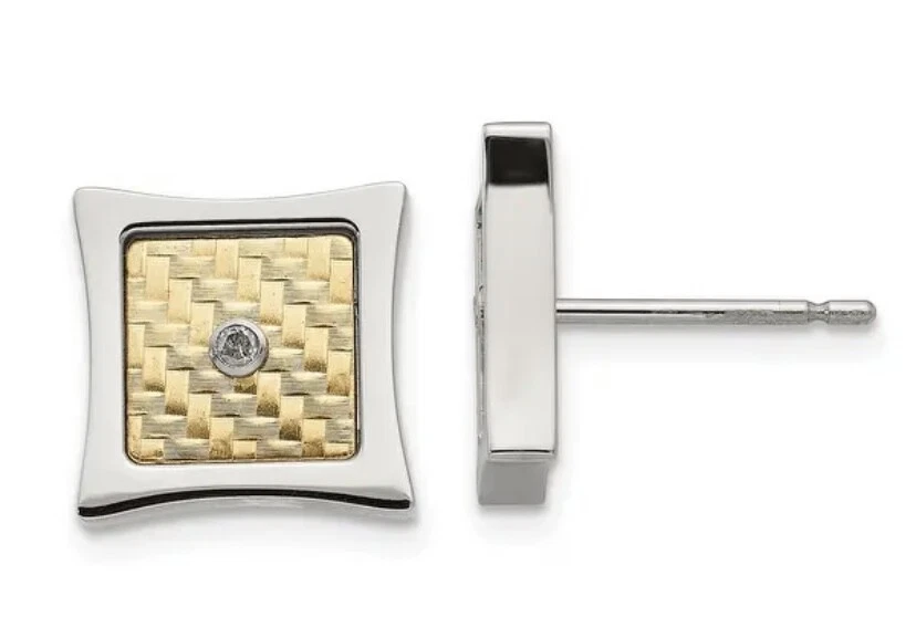 Cincel de acero inoxidable con acento de oro amarillo de 18 quilates poste cuadrado de diamante de 0,03 quilates Foto 3 de 4