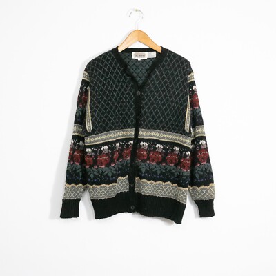 Vintage Floral Pattern Cardigan Sweater Womens Large - Argyle Wool Acrylic Blend