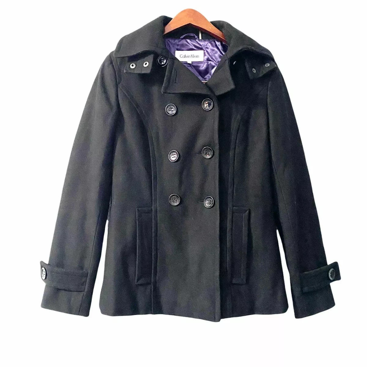 Calvin Klein Black Wool Blend Hooded Peacoat Womenu0026#039;s Size 2 Classic  Lined Winter | eBay