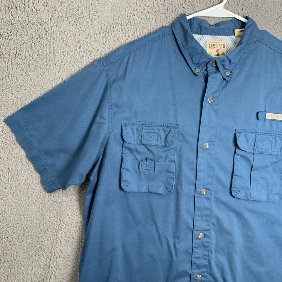Red Head Shirt Mens Extra Large Blue Short Sleeve Collared Button PFG Outdoors - Image 3 of 4