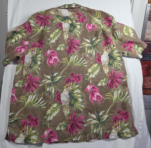 Tommy Bahama Shirt Size XL 100% Linen Hawaiian Floral Cockatoo Aloha Brown 0515 - Picture 8 of 12