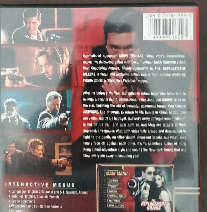The Replacement Killers (DVD, 1998 Widescreen) Chow Yun-Fat. Mira