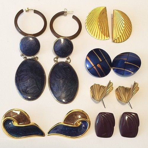 Vintage Earrings Lot Enamel Metal Plastic Dangle Hoops Blue Brown 7PR 1980s 90s - Picture 10 of 10