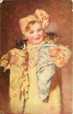 c1906 Art Postcard 160; Little Blonde Girl w/ Swaddled Kittens, 'Three Kitties'