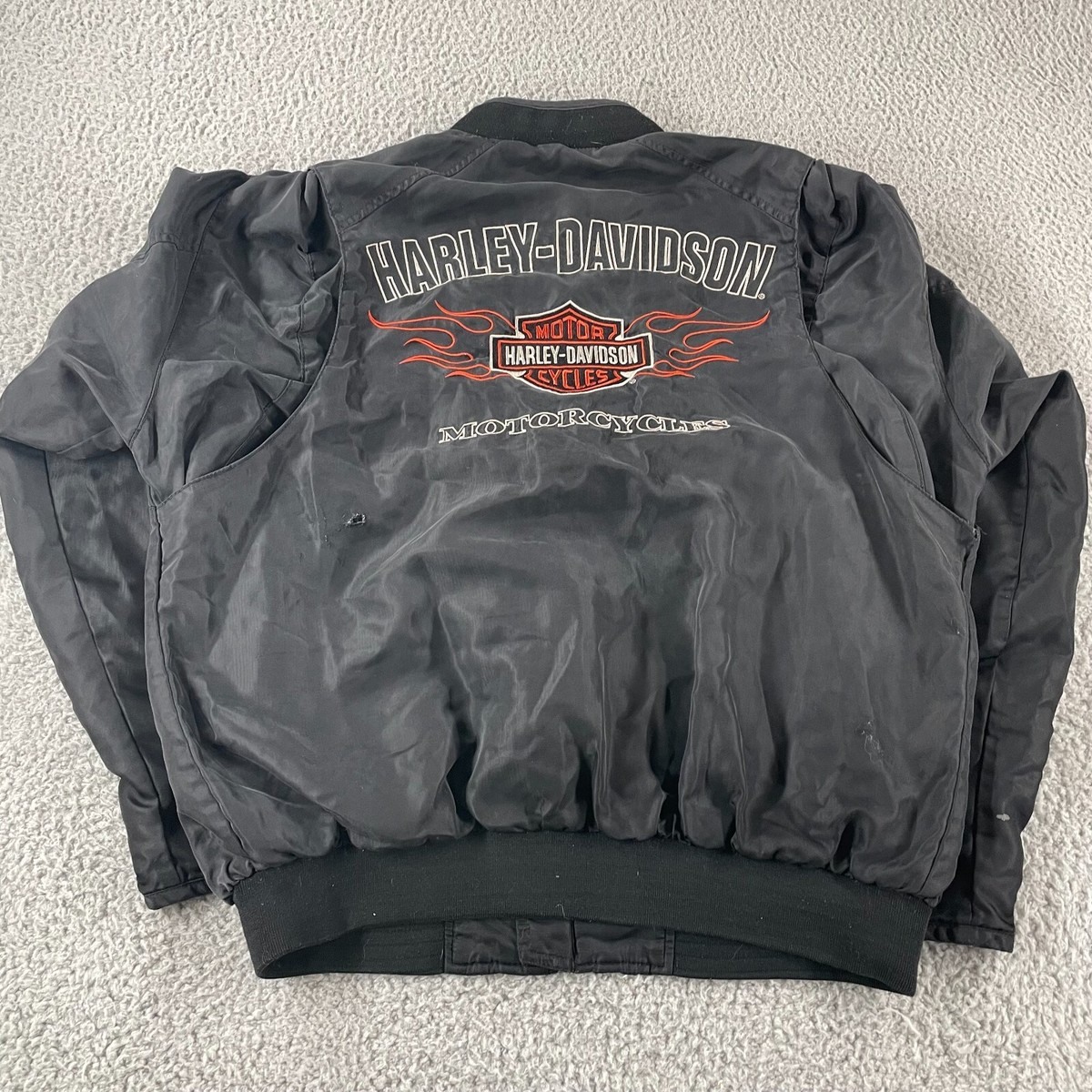 ジャケット・アウター HarleyDavidson nylon jacket fire pattern Vintage Harley Davidson Jacket Mens M Black Nylon Flames