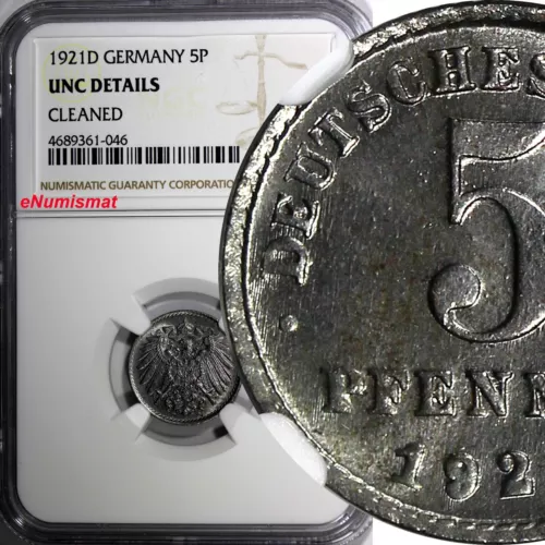 Germany Empire Wilhelm II Iron 1921 D 5 Pfennig NGC UNC DETAILS Munich KM#19 (6)