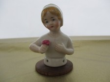 Girl w/White Hat w/Green Ribbon & Rose Half Doll Pin Cushion Doll German Good 