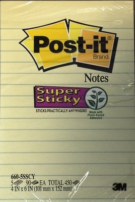 Post it Super Sticky Notes 4x6 90 Sheets Canary Yellow 5 Pads Office Essentials
