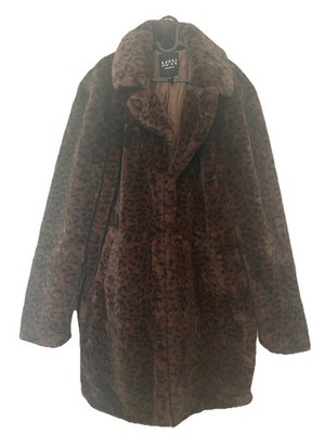 Boohoo Man Tall faux fur leopard print overcoat Size L Men Brown