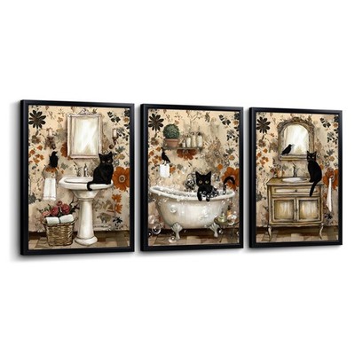 Vintage Bathroom Wall Art Black Cats Painting Pictures Framed Bathroom Decor ...