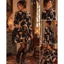 Boho Whimsigoth Artsy Abstract Swirl Mock Neck Tiered Black Yellow M Dress