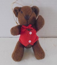 Vintage articulated button joints brown 6" teddy bear ornament red vest  bow
