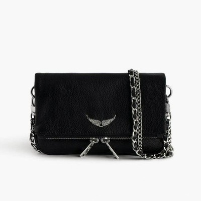 Zadig & Voltaire Rock Wing Black Silver Pebbled Leather Shoulder Bag 21×13×3cm