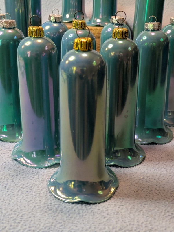 16 Vintage Christmas Ornaments Blue Pearl Bell Iridescent Plastic Rare HTF Color