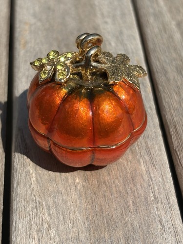 MONET Orange Pumpkin Collectible Enamel Keepsake Trinket Box Crystals