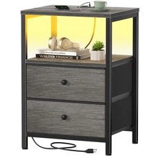 Gray Nightstand with Charging Station, LED Night Stand with 2 Fabric Drawers,...