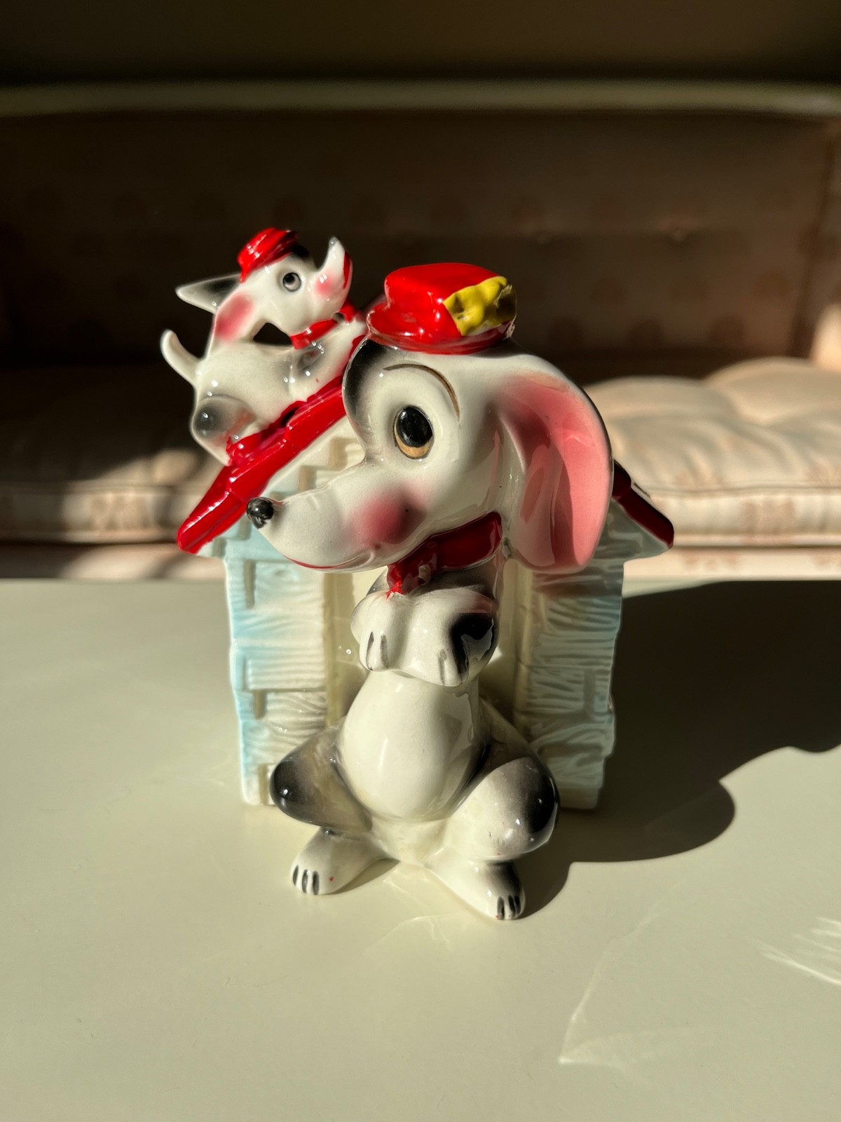 Vtg Lipper & Mann RED/BLACK/BLUE/WHITE Dashshund Mother DOG & PUP Ceramic BANK