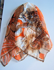 Scarf Leopard Print Autumn Colors Silk Vtg Neckerchief Higab 27" Sq Cats Signed