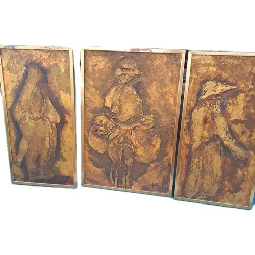 3 Pc Original Brutalist Abstract Tryptych Textured Mixed Media 60-70s Wall Art