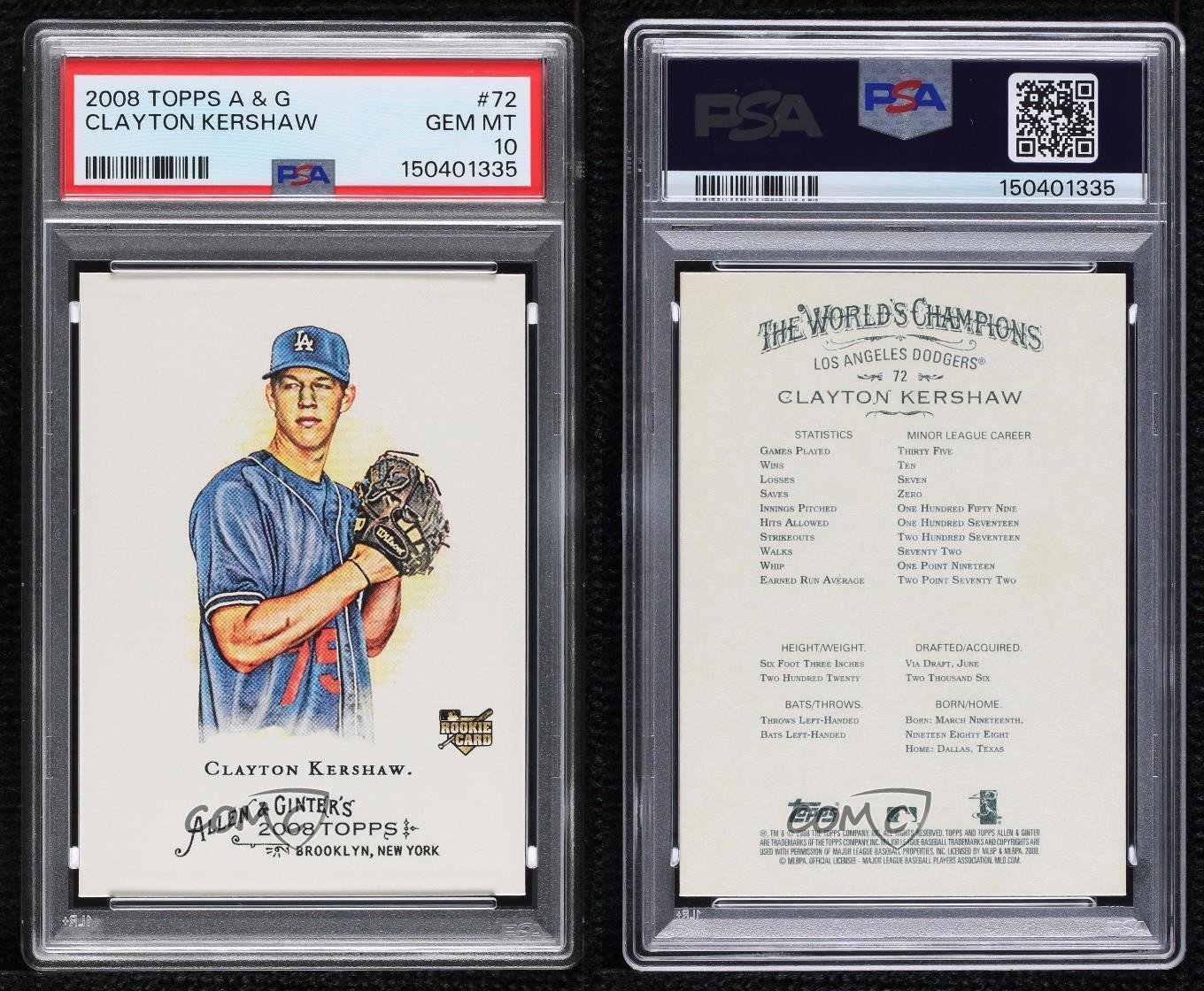 2008 Topps Allen & Ginter's Clayton Kershaw #72 PSA 10 GEM MT Rookie RC view 3