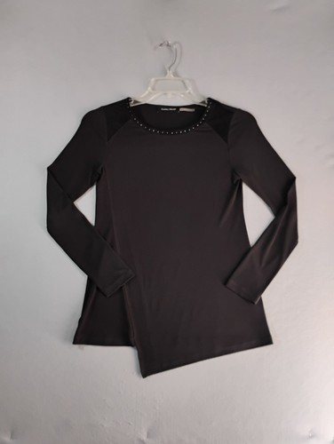Ivanka Trump Womens Top XS Black Long Sleeve Round Neck Solid Studded Blouse - Picture 2 of 8