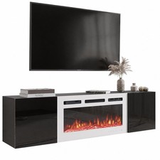70" Floating TV Stand 36" Electric Fireplace White Gloss Storage Heater 80" TVs