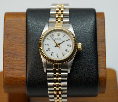 Rolex Oyster Perpetual 67193 26mm White Roman Dial Two-Tone Jubilee w/ Box RARE