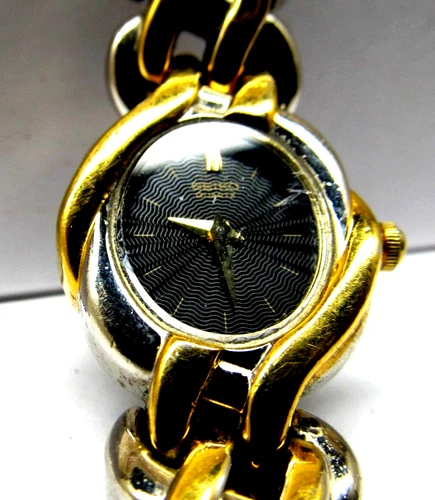 Seiko Watch Women 18mm Black Dial Two Tone Round 4N00-F089 New Battery Vintage