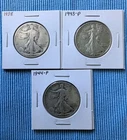 Walking Liberty Half Dollars, 1938, 1943, and 1944, Lot of 3 90% Silver Coins