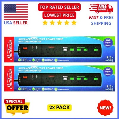 2pc Sunbeam Advanced 7 Outlet Power Strip Surge Protector w/Master Control Plugs