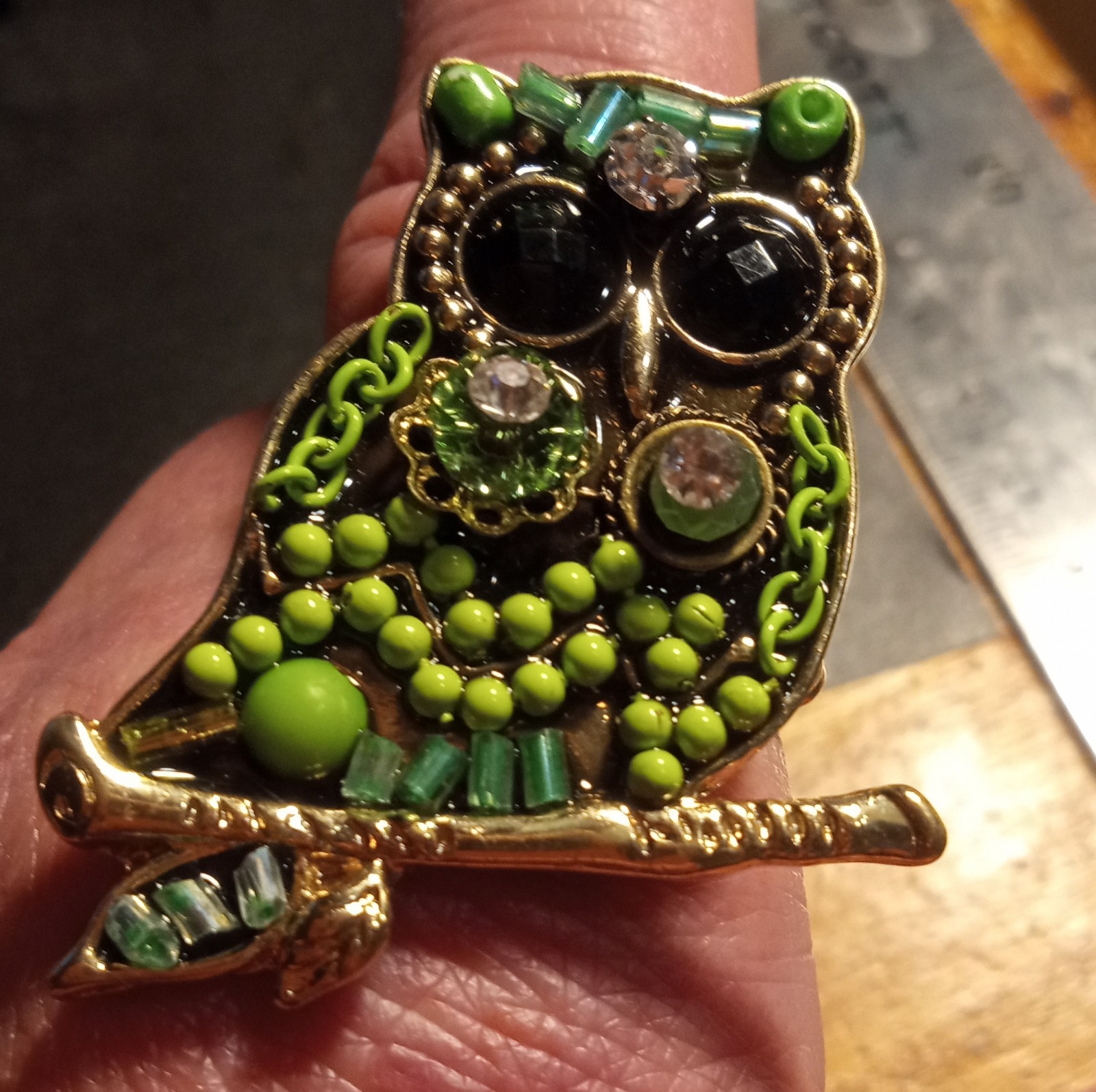 Green Owl Adjustable Statement Ring Gold Tone Rhi… - image 5