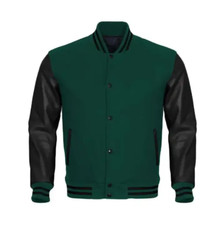 Dark Green Wool Black Leather Sleeves Letterman Baseball Bomber Jacket