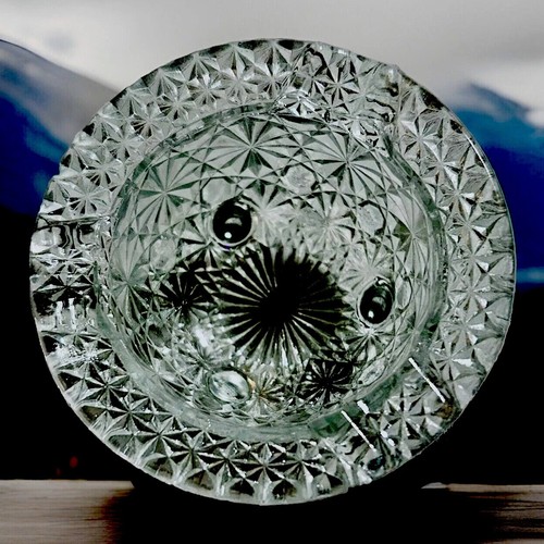 VTG Fenton Daisy Button Kettle Tri Foot Pressed Clear Glass Cut Ashtray Trinket - Picture 3 of 11