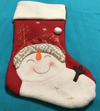 Red Christmas Stocking W Happy Snowman Lined 19 Felt Fleece