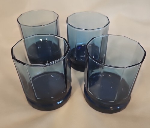 4 Anchor Hocking Essex Cobalt Blue Double Old Fashioned 9oz 10 Panel Glasses Set - Picture 2 of 6