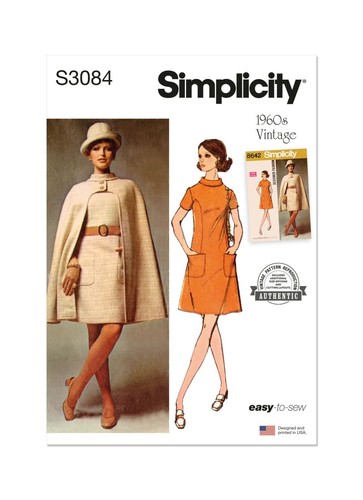 Simplicity Easy SEWING PATTERN S3084 Retro 1960s Dress & Cape 6-14 Or 14-22