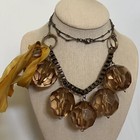 Chunky Amber Facted Lucite Beaded Brass Tone Bow Statement Costume Necklace