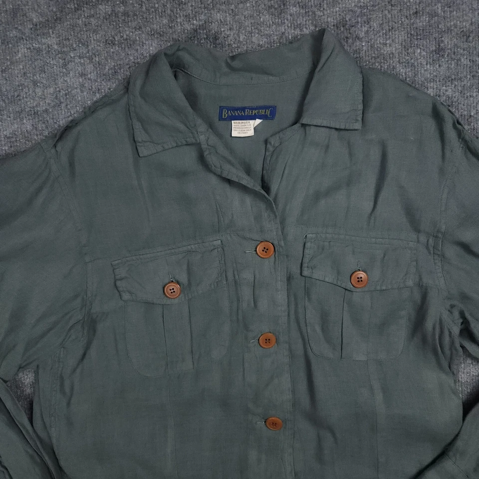 Vintage Banana Republic Jacket Womens Medium Green Linen Belted Button Up Coat - Image 3 of 4