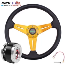 Gold 14inch Steering Wheel Drifting Deep Dish+Horn+Black Quick Release Adapter