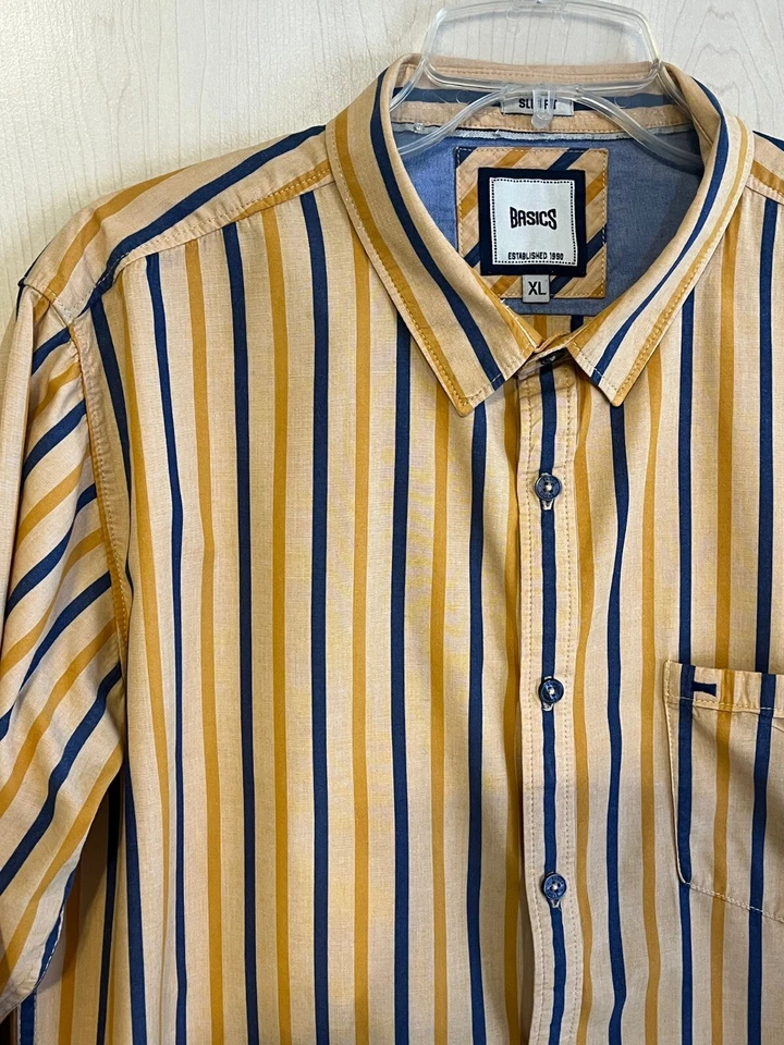 BASICS Men's SLIM FIT Button Down Shirt Size XL X-Large Striped Yellow Blue - Image 2 of 4