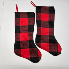 LOT OF 2 - PLAID CHRISTMAS STOCKING Red Black Buffalo Print - Flannel Set - NEW