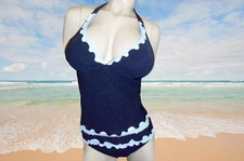 New PROFILE by GOTTEX navy blue HALTER W/ FRINGE RUFFLES SWIMSUIT TANKINI Size 8